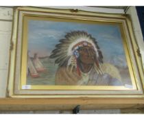 GOOD QUALITY PASTEL OF AN INDIAN CHIEF IN A GILT FRAME