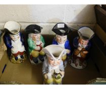 FIVE GOOD QUALITY 19TH/20TH CENTURY TOBY JUGS WITH PAINTED DECORATION