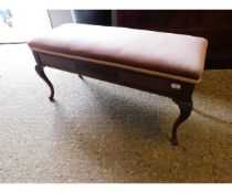 EDWARDIAN MAHOGANY FRAMED TWO SEATER PIANO STOOL WITH CARVED DETAIL AND SHAPED LEGS WITH PINK DRALON