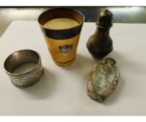 HORN SILVER MOUNTED SMALL BEAKER, A WHITE METAL NAPKIN RING AND A MOTHER OF PEARL INLAID SCENT