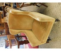 EDWARDIAN MAHOGANY FRAMED WING ARMCHAIR WITH YELLOW DRALON UPHOLSTERY