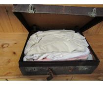 REXINE CASE CONTAINING A QUANTITY OF MIXED VINTAGE CLOTHING, MATERIAL ETC