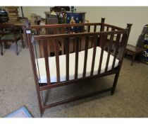 EDWARDIAN MAHOGANY FRAMED COT WITH DROP FRONT AND FITTED MATTRESS WITH INLAID DETAIL