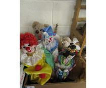 BOX CONTAINING MIXED SOFT TOYS, TEDDY BEARS, CLOWNS ETC