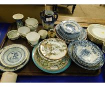 TRAY CONTAINING MIXED BLUE AND WHITE PLATES, MODERN ORIENTAL SATSUMA TYPE PLATES ETC