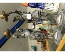 PAIR OF PEWTER CANDLE STICKS FORMED AS KNIGHTS WITH ARMS RAISED WITH BRASS SCONCES