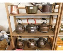 SIX VICTORIAN COPPER KETTLES, TOGETHER WITH A FURTHER COPPER WATERING CAN, BRASS PRESERVING PAN