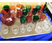 TRAY CONTAINING MIXED GLASS WARES TO INCLUDE GREEN AND CRANBERRY WINE GLASSES, FURTHER CRANBERRY JUG