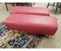 PAIR OF RED LEATHERETTE UPHOLSTERED FOOT STOOLS WITH TAPERING BEECHWOOD LEGS (2)