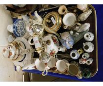 TRAY CONTAINING MIXED CHINA WARES, SMALL VASES, OLD COUNTRY ROSE TELEPHONE, SAUCERS, CUPS ETC