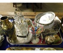 TRAY CONTAINING MIXED SILVER PLATED WARES, GALLERIED EDGE TRAYS, TWO FOUR-BOTTLE CRUETS, A BRASS AND