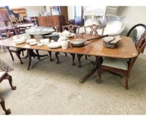 19TH CENTURY MAHOGANY TWIN PEDESTAL DINING TABLE FITTED WITH TWO EXTRA LEAVES, EACH PEDESTAL WITH