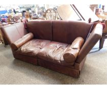 LARGE PROPORTION BROWN LEATHER KNOLE END SOFA WITH TWO BOLSTER CUSHIONS (A/F)
