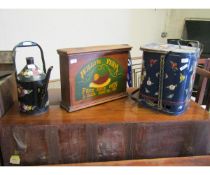 MODERN PINE FRAMED WILLOW FARM EGG BOX TOGETHER WITH A TOLEWARE COAL BOX AND WATERING CAN (3)
