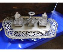 VICTORIAN INK STAND WITH PIERCED SURROUND WITH TWO SQUARE FORMED BOTTLES WITH PLATED TOPS