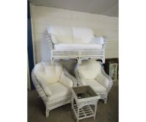 GOOD QUALITY BAMBOO AND WICKER FOUR-PIECE CONSERVATORY SUITE WITH CREAM CUSHIONS COMPRISING A TWO-