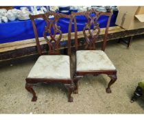 SET OF EIGHT CHIPPENDALE TYPE DINING CHAIRS WITH OPEN CARVED SPLAT BACKS SUPPORTED ON FRONT CLAW AND