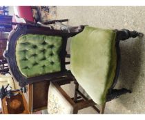 VICTORIAN MAHOGANY FRAMED NURSING CHAIR WITH GREEN UPHOLSTERY AND BUTTON BACK WITH TURNED FRONT LEGS