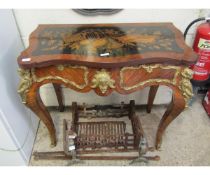 20TH CENTURY FRENCH KINGWOOD AND INLAID FOLD OVER CARD TABLE WITH DECORATIVE GILT MOUNTS AND