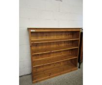 STAINED PINE FRAMED OPEN FRONTED THREE FIXED SHELF BOOKCASE WITH PANEL BACK