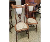 SET OF FOUR MAHOGANY ARTS & CRAFTS TYPE BEDROOM CHAIRS WITH PIERCED SPLAT BACKS AND UPHOLSTERED