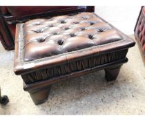 BROWN LEATHER UPHOLSTERED AND BUTTON TOP RECTANGULAR FOOT STOOL OF SMALL PROPORTIONS