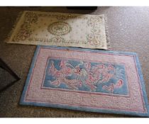 MODERN CHINESE WOOL WASH CARPET WITH BLUE AND PINK GROUND, TOGETHER WITH A FURTHER CREAM GROUND WITH