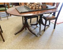 GOOD QUALITY MAHOGANY TWIN PEDESTAL D-END DINING TABLE WITH ONE EXTRA LEAF WITH CLAW CASTERS