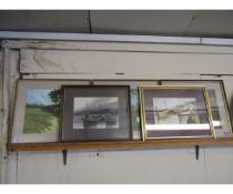 FIVE ASSORTED MIXED MEDIA PICTURES OF LANDSCAPE SCENES, TOGETHER WITH A FURTHER SHIPPING SCENE