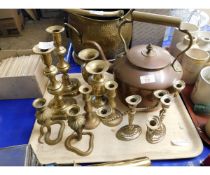 COPPER AND BRASS KETTLE, MIXED CANDLESTICKS ETC