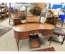 TEAK FRAMED KIDNEY SHAPED DRESSING TABLE MIRROR WITH TRIPLE MIRROR BACK AND FIVE DRAWERS ON SHAPED