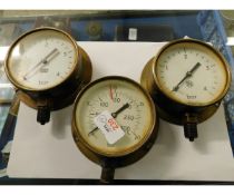 THREE VINTAGE BRASS FRAMED PRESSURE GAUGES