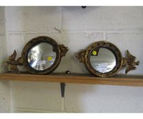 TWO SMALL REPRODUCTION CONVEX WALL MIRRORS WITH EAGLE TOPS