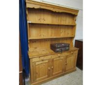 GOOD QUALITY WAXED PINE KITCHEN DRESSER FITTED WITH TWO FIXED SHELVES WITH PANELLED BACK WITH