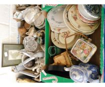 TWO BOXES CONTAINING A QUANTITY OF MIXED TEA WARES, DECORATIVE PLATES, A SPODE ITALIAN COFFEE POT,