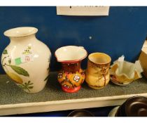 SMALL WEMYSS PIN TRAY WITH CABBAGE ROSE DECORATION TOGETHER WITH AN ART GLASS VASE AND A RADFORD