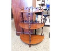 19TH CENTURY MAHOGANY DEMI-LUNE THREE TIER WHATNOT WITH TWISTED COLUMN SUPPORTS AND FRETWORK BACKS