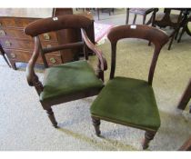 SET OF THREE VICTORIAN BALLOON BACK DINING CHAIRS WITH GREEN UPHOLSTERY, TOGETHER WITH SIMILAR