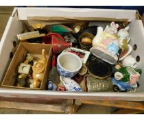 BOX CONTAINING MIXED NOVELTY TEA POTS, TRINKETS, BOXES ETC