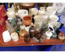 TRAY CONTAINING VARIOUS CERAMIC AND GLASS APOTHECARY BOTTLES