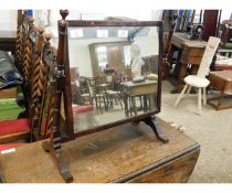 19TH CENTURY MAHOGANY SWING MIRROR WITH RING TURNED UPRIGHTS CRESTED WITH BALL FINIALS AND