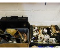 TWO BOXES OF MIXED ANIMAL ORNAMENTS, CHINA WARES, A COPPER KETTLE, TWO HANDLED PAN, CROWN DUCAL