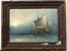 Unsigned oil on board, Seascape with hay barge, 24 x 34cm