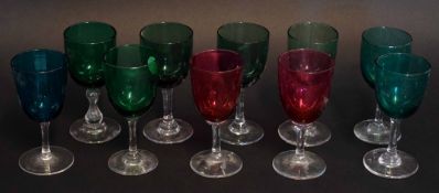 Collection of green coloured and ruby coloured wine glasses (10)