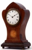 Mid-20th century mahogany and boxwood line inlaid timepiece, the shaped and waisted case raised on