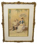 19th century watercolour, indistinctly monogrammed lower left, Couple seated on a bench, 30 x 20cm