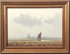 AR David F Dane, Broadland scene with wherry passing a mill, oil on board, signed lower left, 24 x