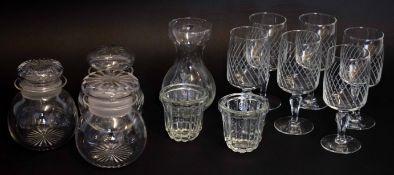 Collection of glass ware including six wine glasses, three glass jars and cover and various other