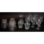 Collection of glass ware including six wine glasses, three glass jars and cover and various other