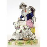 Continental porcelain Naples or Capo di Monte model of a lady seated on a high back chair with cat